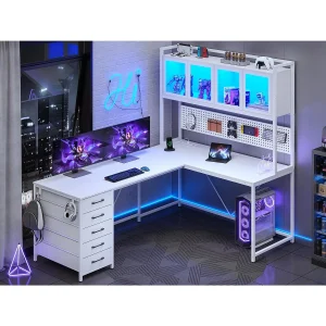 Gaming Desk with Drawers, Pegboard, Lights
